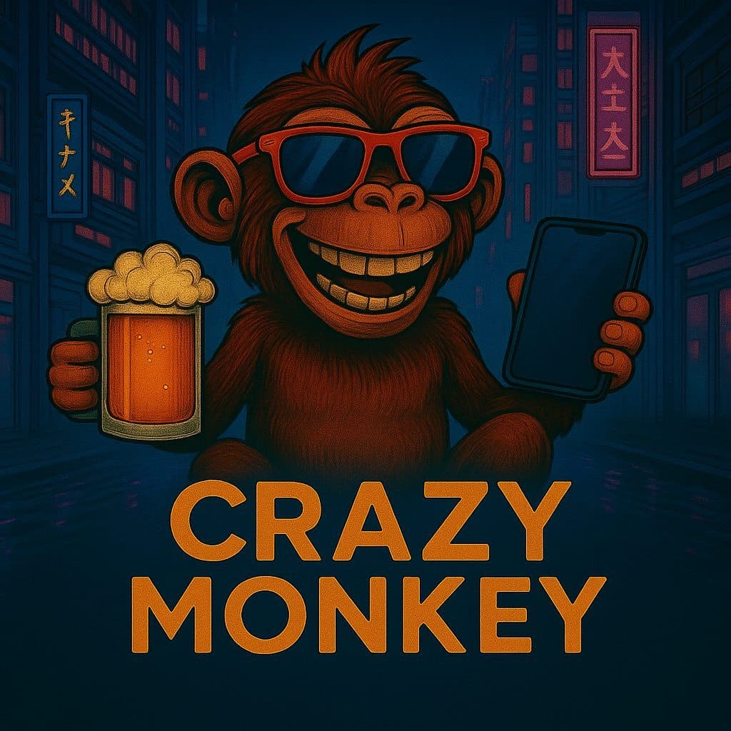 CrazyMonkey — маскот бренда: обезьяна в очках с фирменной кружкой и смартфоном
